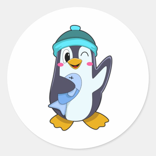 Pegatina Redonda Pingüino con pescado y Gorra (Anverso)
