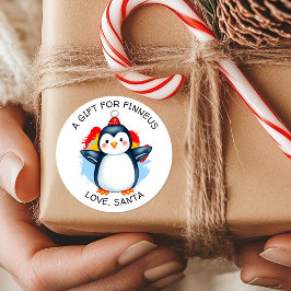 Pegatina Redonda Pingüino con sombrero de Santa Navidad de ida y vu