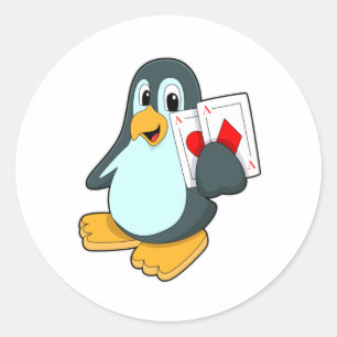 Pegatina Redonda Pingüino con tarjetas de póker
