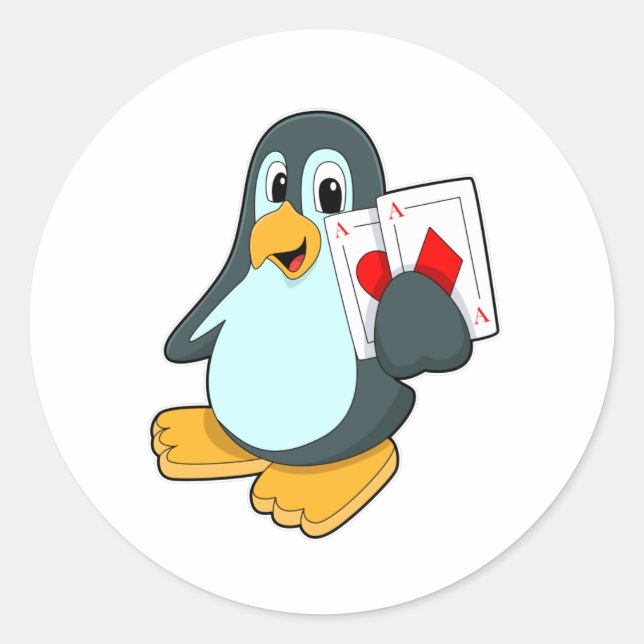 Pegatina Redonda Pingüino con tarjetas de póker (Anverso)