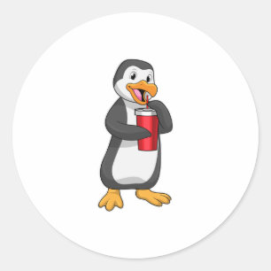 Pegatina Redonda Pingüino con taza de bebida con paja