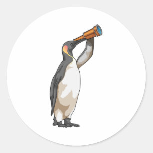 Pegatina Redonda Pingüino con telescopio