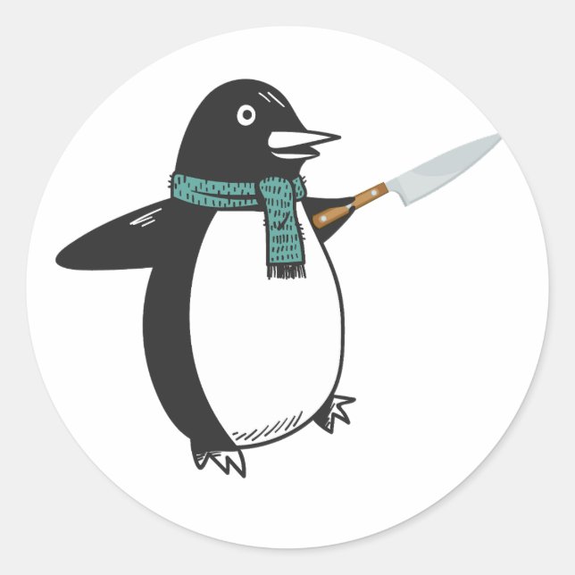 Pegatina Redonda Pingüino con una camiseta de cuchillo (Anverso)