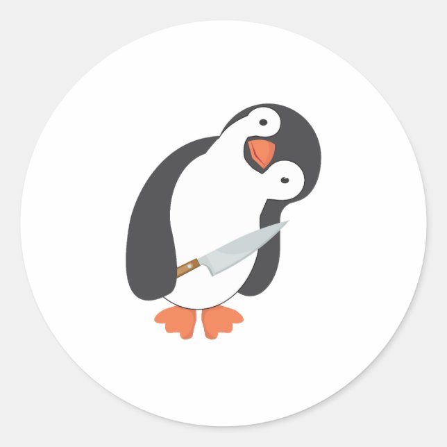 Pegatina Redonda Pingüino con una camiseta de cuchillo (Anverso)