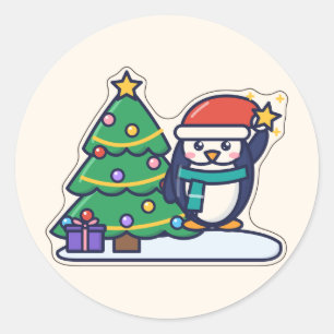 Pegatina Redonda Pinguino Cortador de Árbol Pequeño Decorando un Ár