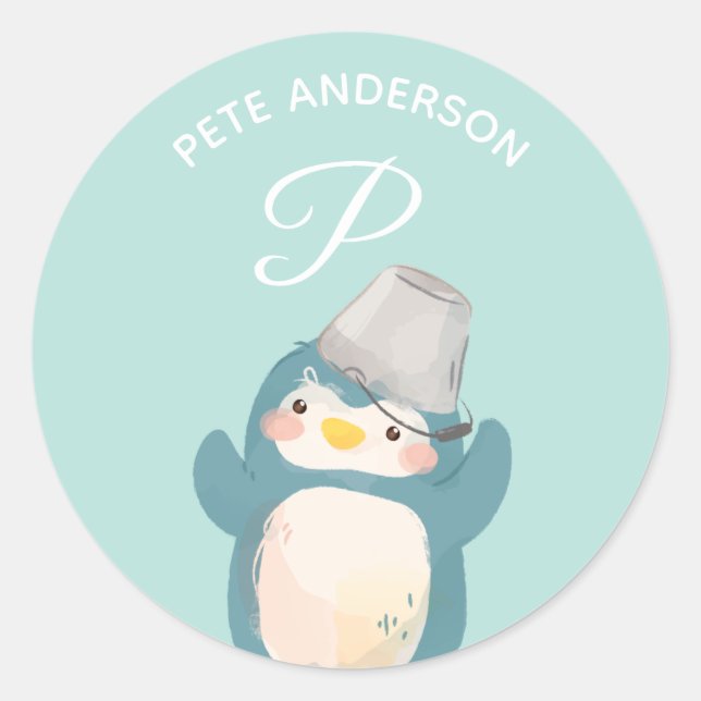 Pegatina Redonda Pingüino ・ Cuidados de guardería con monograma alf (Anverso)