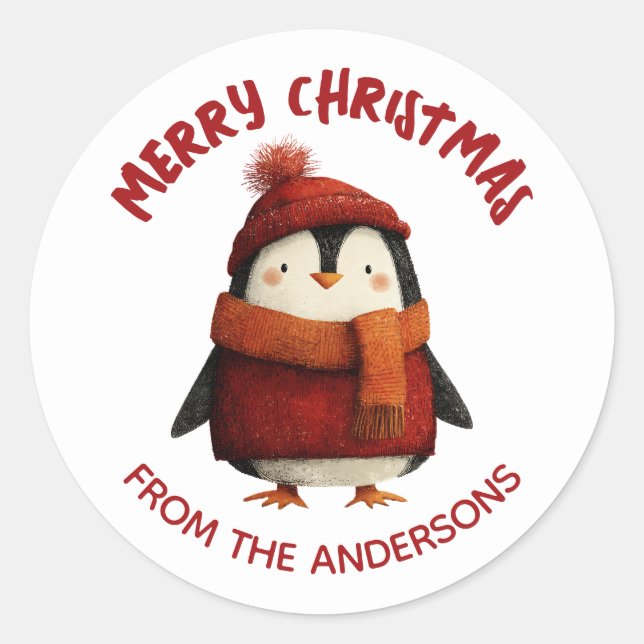 Pegatina Redonda Pingüino cutáneo Feliz Navidad desde (Anverso)