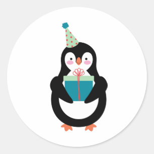 Pegatina Redonda Pingüino de cumpleaños