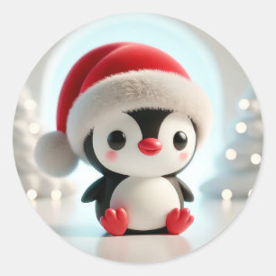 Pegatina Redonda Pingüino de dibujos animados alegre con sombrero d