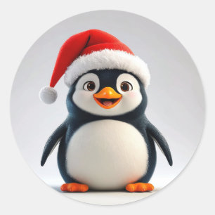 Pegatina Redonda Pingüino de dibujos animados alegre con sombrero d