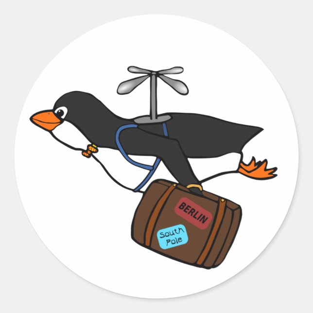 Pegatina Redonda Pingüino de helicóptero volador con maleta (Anverso)