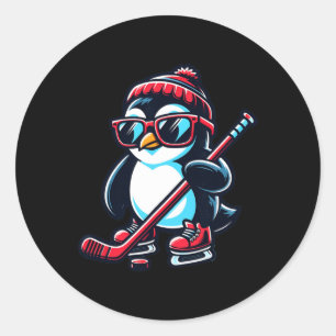 Pegatina Redonda Pingüino De Hockey Sobre Hielo Gracioso Y Agradabl