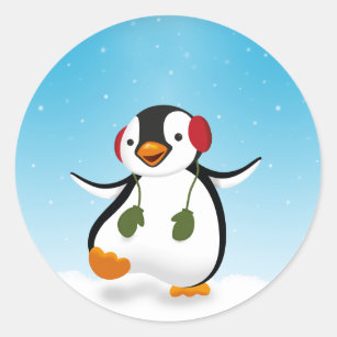 Pegatina Redonda Pingüino de invierno divertido