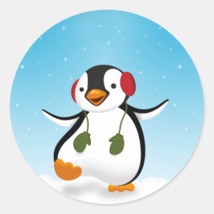 Pegatina Redonda Pingüino de invierno divertido