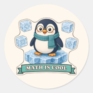 Pegatina Redonda Pingüino de Math Is Cool con cubos de símbolos mat