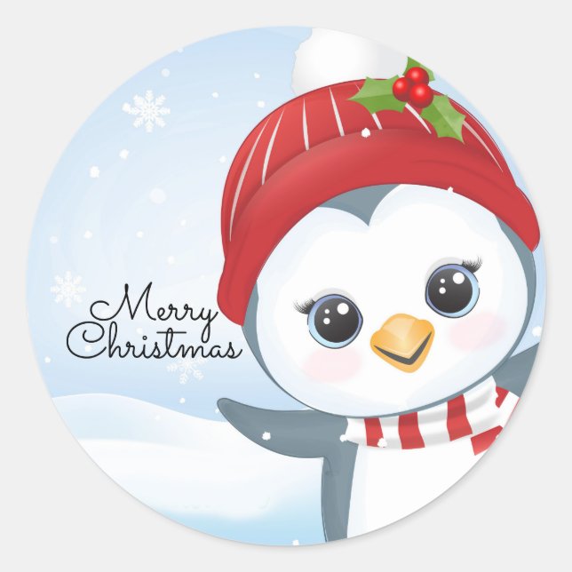 Pegatina Redonda Pingüino de Navidad (Anverso)