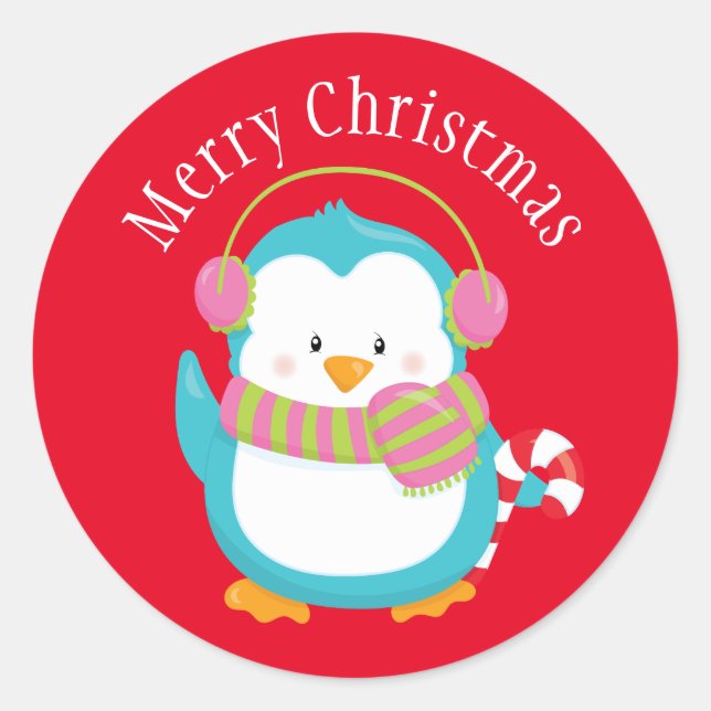 Pegatina Redonda Pingüino de Navidad (Anverso)