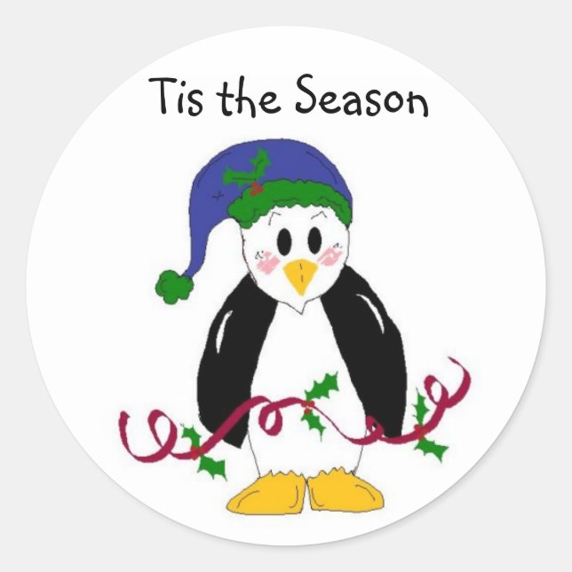 Pegatina Redonda Pingüino de Navidad (Anverso)