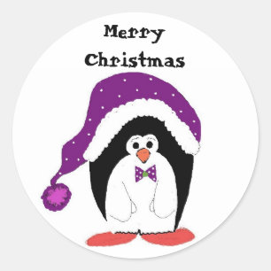 Pegatina Redonda Pingüino de Navidad de dibujos animados