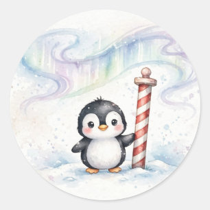 Pegatina Redonda Pinguino de Navidad del Polo Norte
