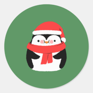 Pegatina Redonda Pingüino de Navidad lindo en sombrero de Santa per