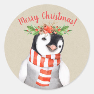 Pegatina Redonda Pinguino de Navidad País de Aves Fiesta Personaliz