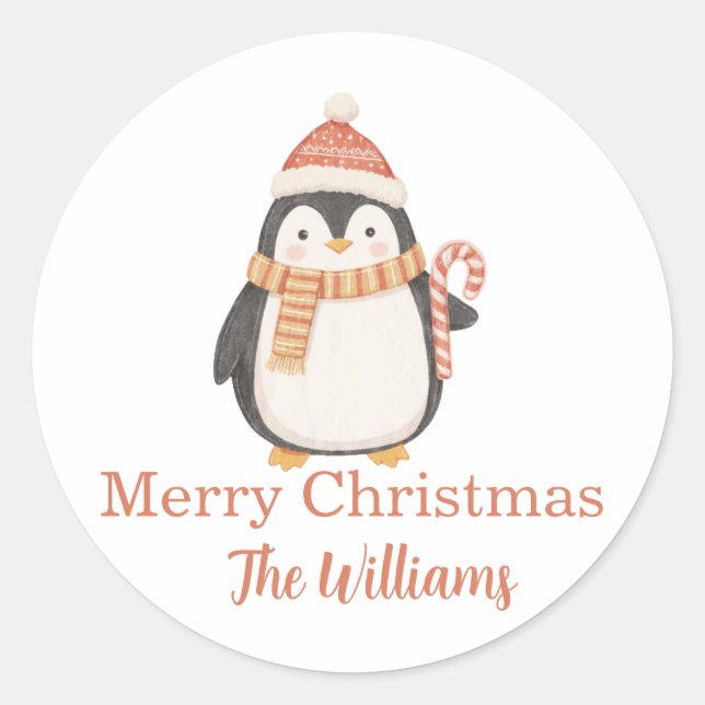 Pegatina Redonda Pingüino de Navidad personalizado  (Anverso)