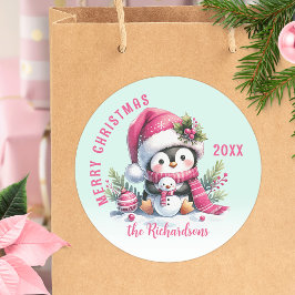 Pegatina Redonda Pingüino de Navidad verde y moro rosado de persona