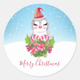 Pegatina Redonda Pingüino de Navidades burdos en Santa Hat