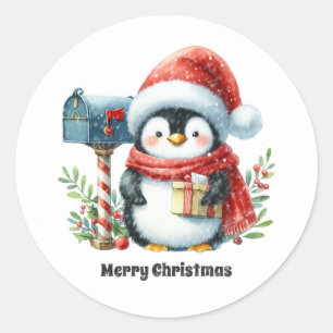 Pegatina Redonda Pingüino de personalizable festivo Feliz Navidad