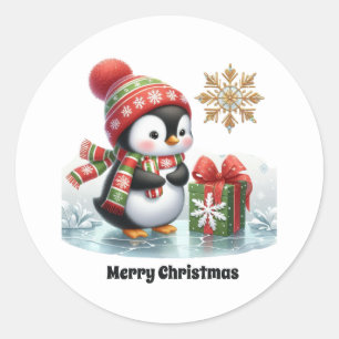 Pegatina Redonda Pingüino de personalizable festivo Feliz Navidad