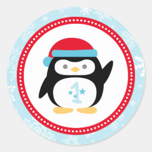 Pegatina Redonda Pingüino de primer cumpleaños de Winter ONEderland