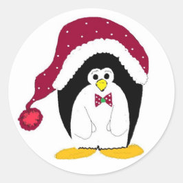 Pegatina Redonda Pingüino de vacaciones con sombrero rojo