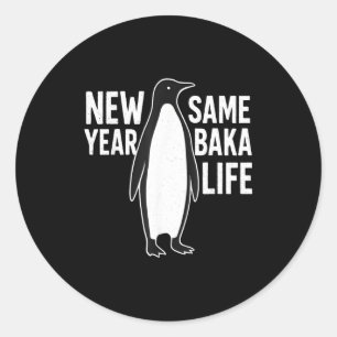 Pegatina Redonda Pinguino Divertido Año Nuevo Baka Vida Humor Estil