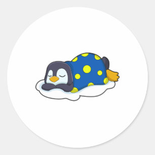 Pegatina Redonda Pingüino durmiendo con manta