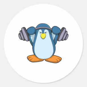 Pegatina Redonda Pingüino en Bodybuilding with Dumbbels