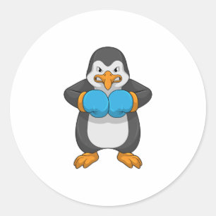 Pegatina Redonda Pingüino en boxeo con guantes de boxeo