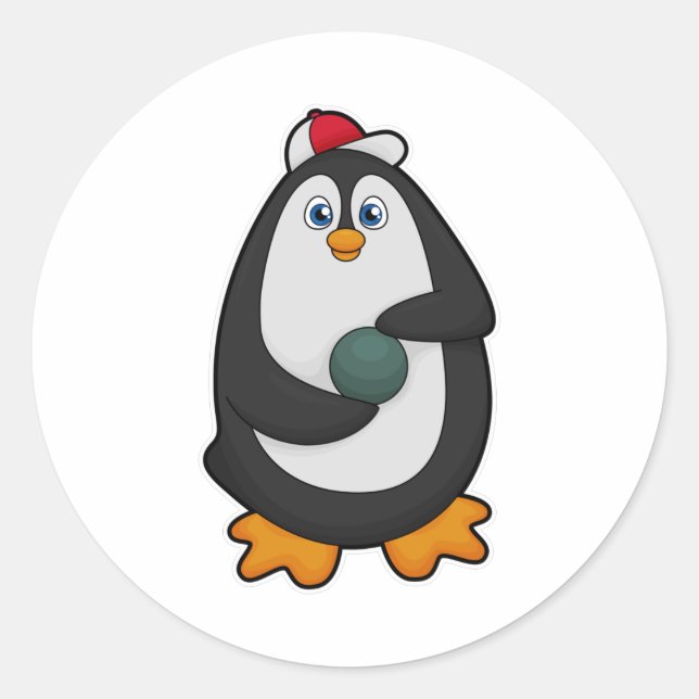 Pegatina Redonda Pingüino en el Bowling con bolas (Anverso)
