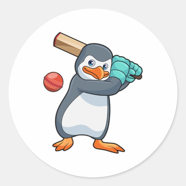 Pegatina Redonda Pingüino en el críquet con bate de críquet (Anverso)