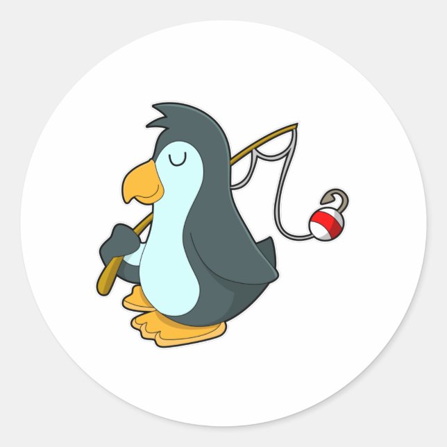 Pegatina Redonda Pingüino en la pesca con barra de pesca (Anverso)