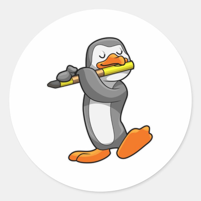 Pegatina Redonda Pingüino en Music with Flute (Anverso)