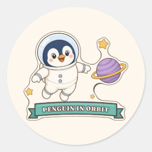 Pegatina Redonda Pingüino en Órbita Pingüino Astronauta Adorable