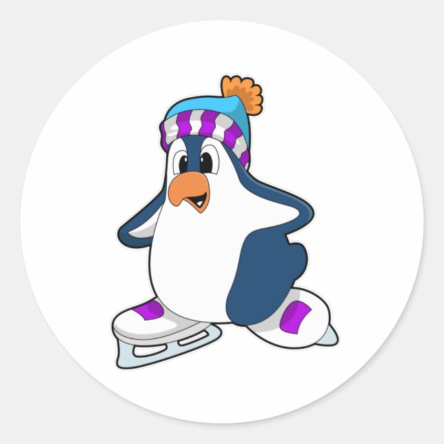 Pegatina Redonda Pingüino en patinaje sobre hielo con patines de hi (Anverso)