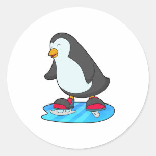 Pegatina Redonda Pingüino en patinaje sobre hielo con patines de hi
