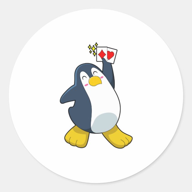 Pegatina Redonda Pingüino en Poker con tarjetas de póker (Anverso)