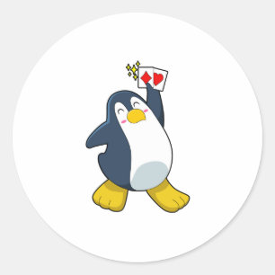Pegatina Redonda Pingüino en Poker con tarjetas de póker