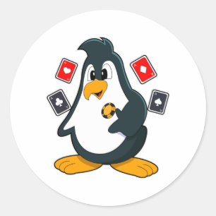 Pegatina Redonda Pingüino en Poker con tarjetas de póker