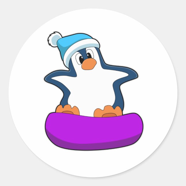 Pegatina Redonda Pingüino en Snowboard con Snowboard (Anverso)