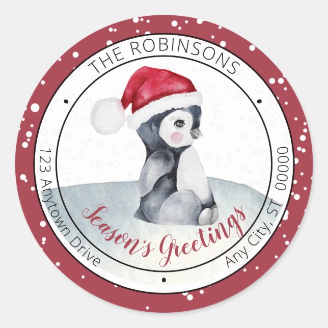 Pegatina Redonda Pingüino | Familia de saludos de Santa Hat Season (Anverso)