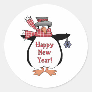 Pegatina Redonda Pingüino Feliz Año Nuevo
